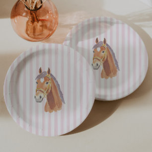 Feminine Pink Stripe Horse Birthday Paper Plate