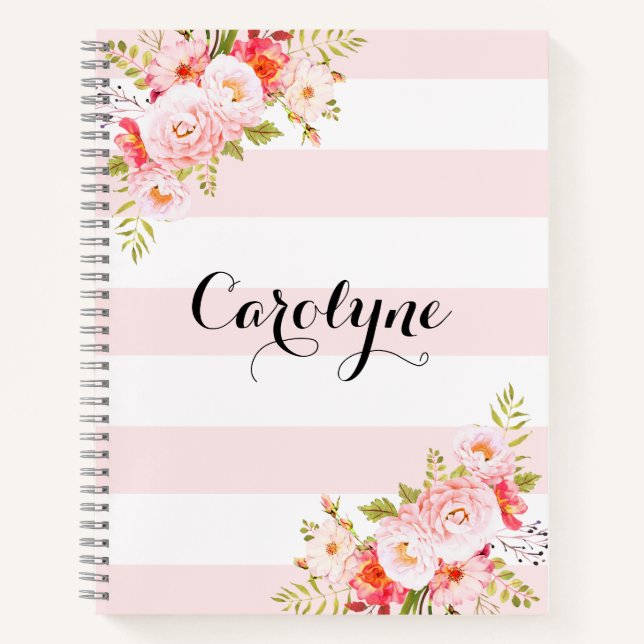 Feminine Pink Stripes Floral Personalised Notebook (Front)