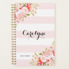 Feminine Pink Stripes Floral Personalised Planner