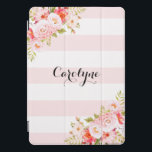 Feminine Pink Stripes Peonies Custom iPad Cover<br><div class="desc">Feminine and elegant iPad pro cover featuring illustrations of pink peonies,  flowers and foliage. This pink botanical iPad pro cover will be perfect as a personalised gift.</div>