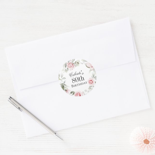 Feminine Pink Watercolor Floral 80th Birthday Classic Round Sticker (Envelope)