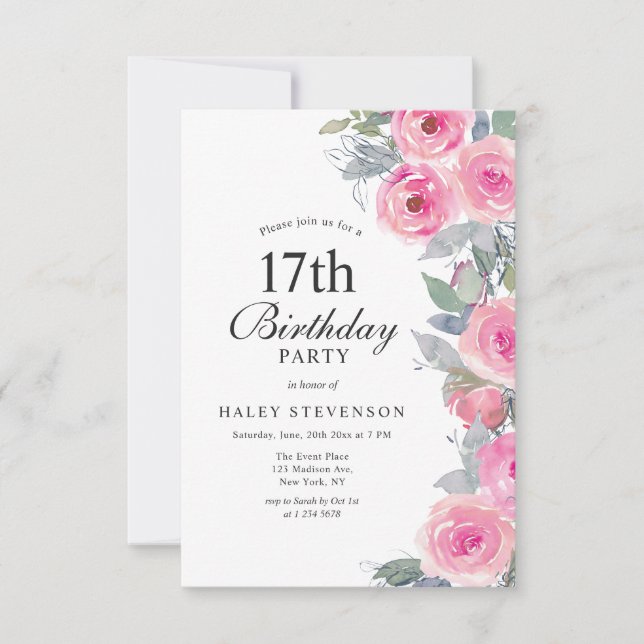 Feminine Pink Watercolor Floral Chic 17th Birthday Invitation (Front)