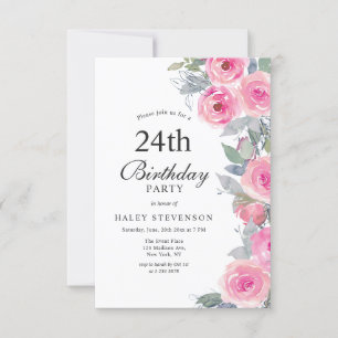 Feminine Pink Watercolor Floral Chic 24th Birthday Invitation