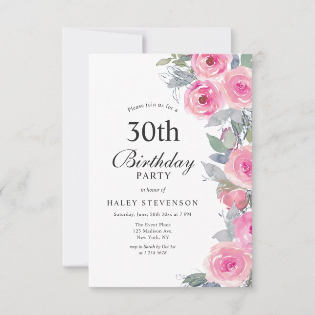 Feminine Pink Watercolor Floral Chic 30th Birthday Invitation (Front)