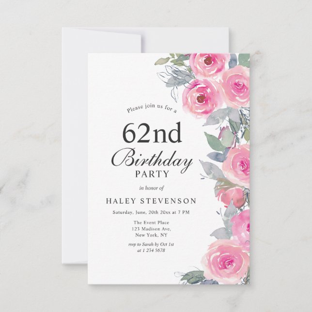 Feminine Pink Watercolor Floral Chic 62nd Birthday Invitation (Front)