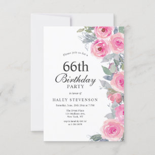 Feminine Pink Watercolor Floral Chic 66th Birthday Invitation