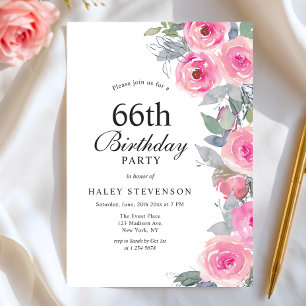 Feminine Pink Watercolor Floral Chic 66th Birthday Invitation