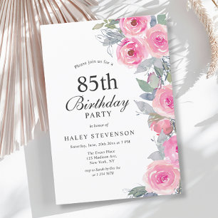 Feminine Pink Watercolor Floral Chic 85th Birthday Invitation