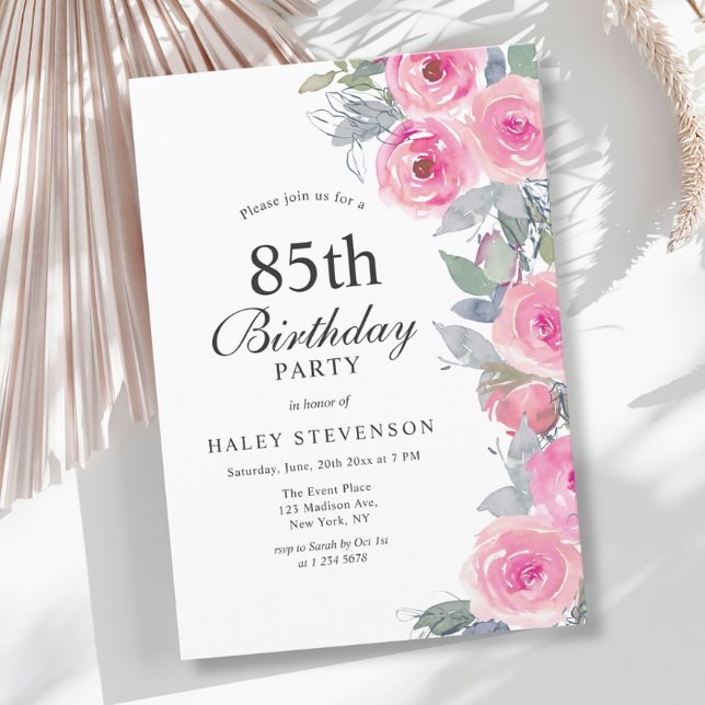 Feminine Pink Watercolor Floral Chic 85th Birthday Invitation (Creator Uploaded)