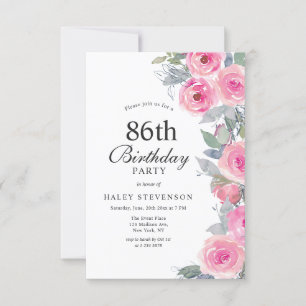 Feminine Pink Watercolor Floral Chic 86th Birthday Invitation