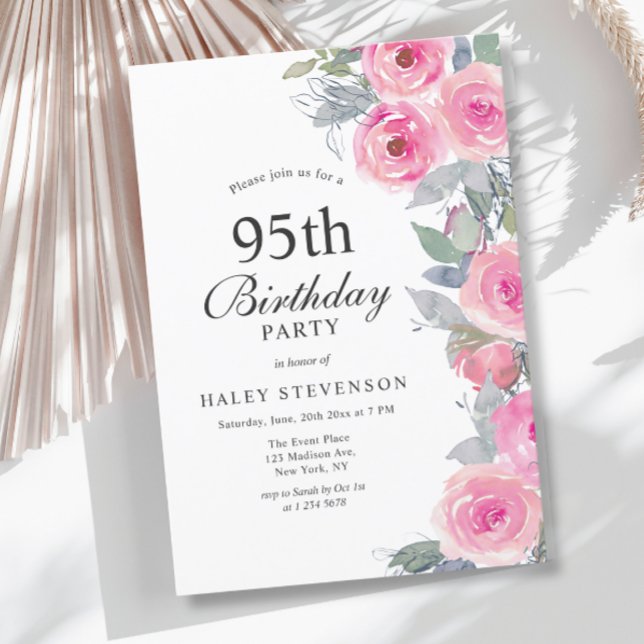 Feminine Pink Watercolor Floral Chic 95th Birthday Invitation (Creator Uploaded)
