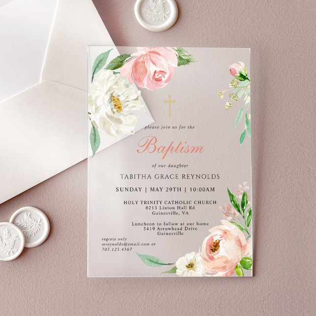 Feminine Pink Watercolor Floral Religious Baptism Acrylic Invitations (Frosted acrylic floral baptism invitation.)