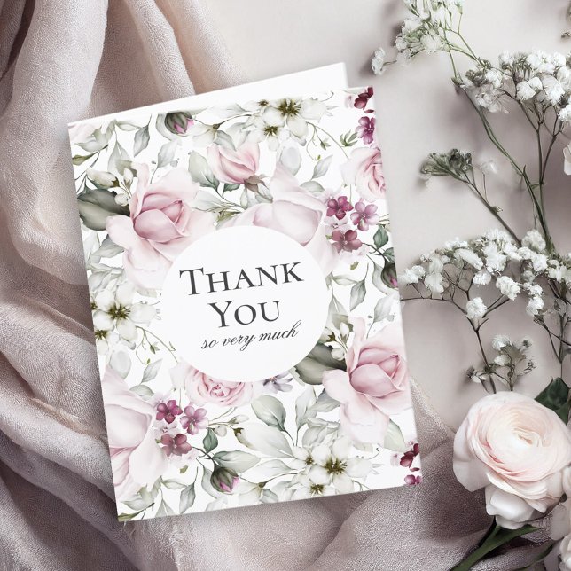 Feminine Pink Watercolor Floral Thank You (Blank inside!)