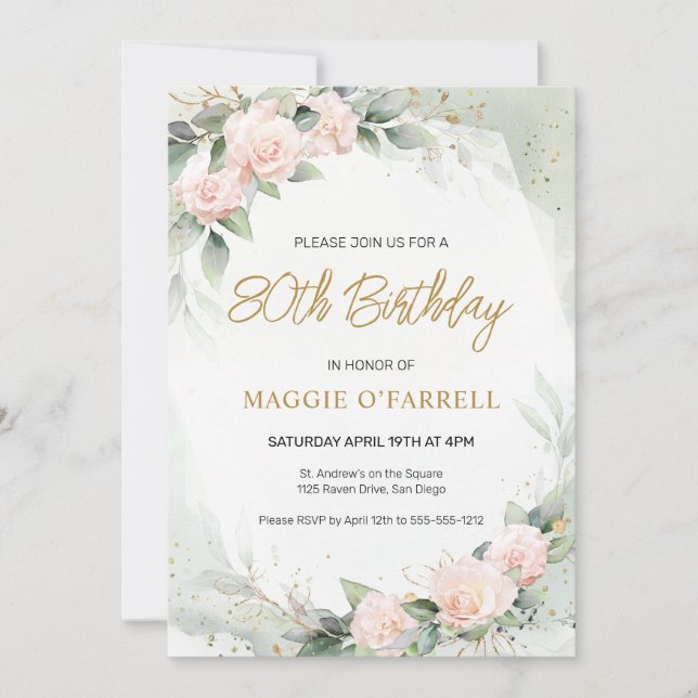 Feminine Pink Watercolor Flowers Birthday Invitation (Front)