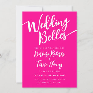 Feminine Pink White Bells Script Lesbian Wedding Invitation