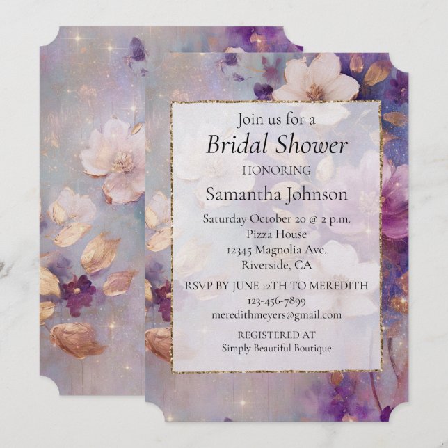 Feminine Pretty White Glam Gold Purple Floral Invitation (Front/Back)