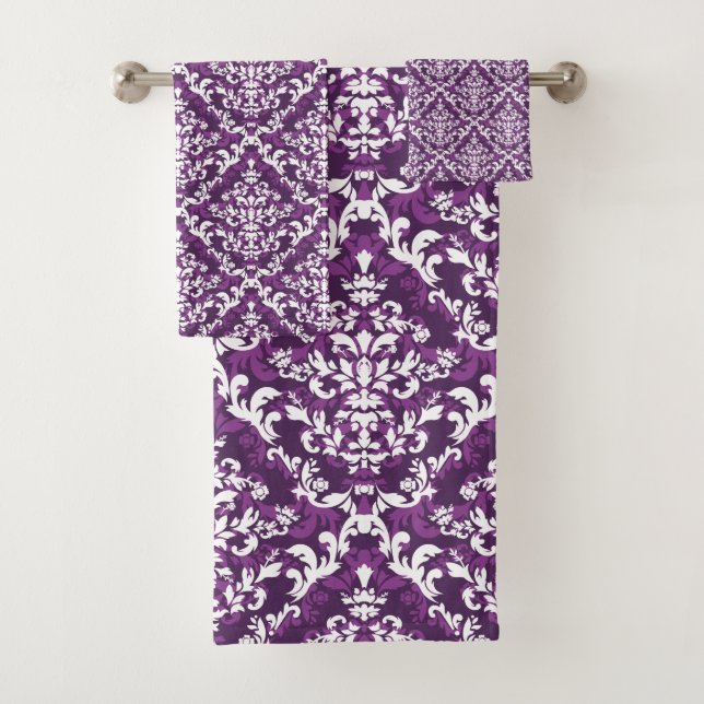 Feminine Purple and White Damask Floral Bath Towel Set (Insitu)