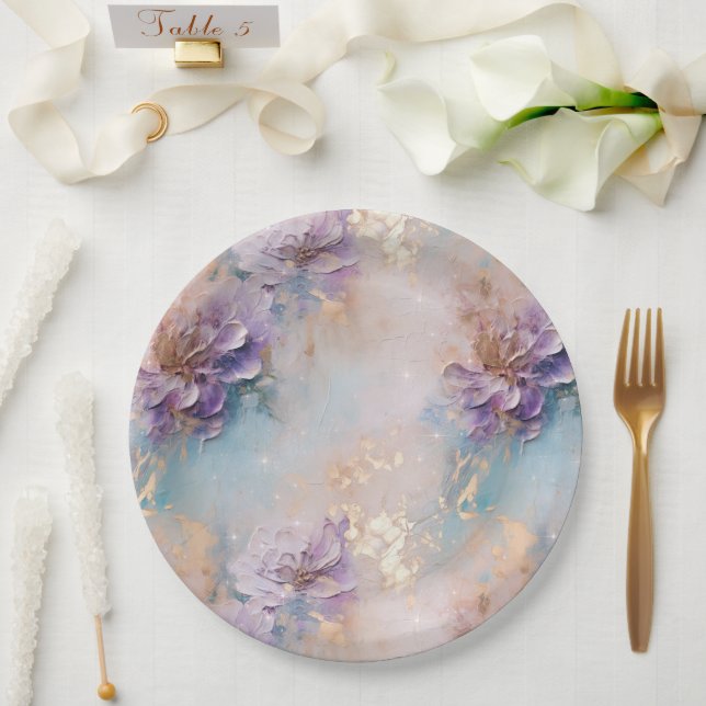 Feminine Purple Blue and Gold Floral Paper Plate (Wedding)