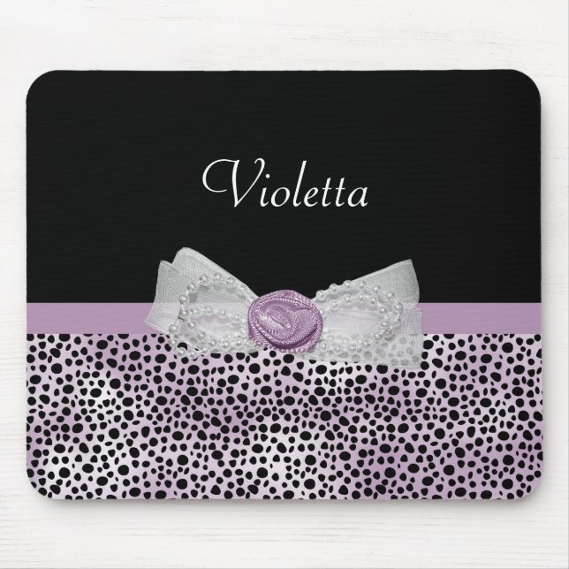 Feminine Purple Cheetah Print Girly Bow and Name Mouse Pad (Front)