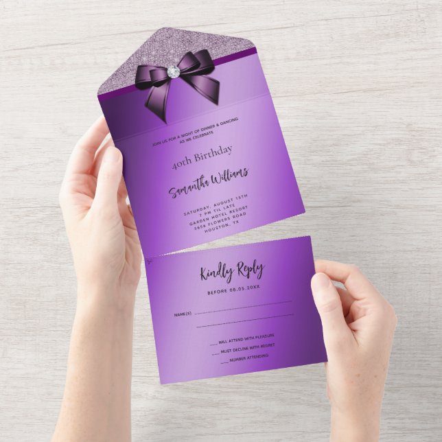 Feminine Purple Gem Bow & Glitter Birthday All In One Invitation (Tearaway)