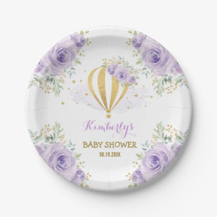 Feminine Purple Gold Hot Air Balloon Shower Party Paper Plate