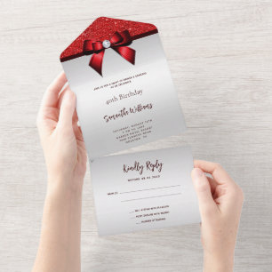 Feminine Red Gem Bow & Glitter Birthday All In One Invitation