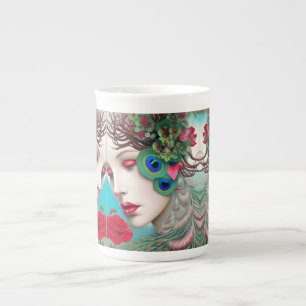 Feminine Red Lips and Roses Peacock Abstract   Bone China Mug