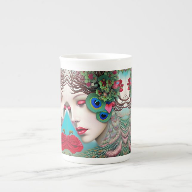 Feminine Red Lips and Roses Peacock Abstract   Bone China Mug (Front)