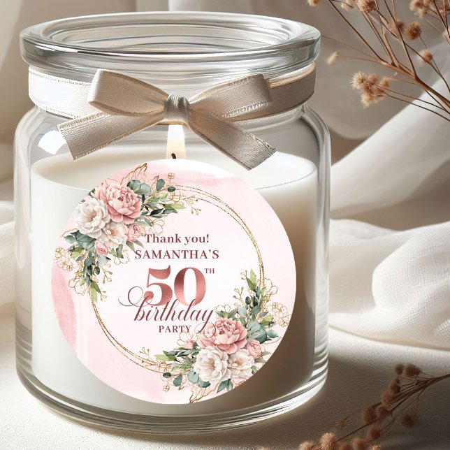 Feminine Rose Gold Blush Floral 50th Birthday  Classic Round Sticker (Feminine Rose Gold Blush Floral 50th Birthday Stickers)