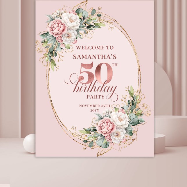 Feminine Rose Gold Floral 50th Birthday Party Deco Tapestry (Feminine Rose Gold Floral 50th Birthday Party Decor)