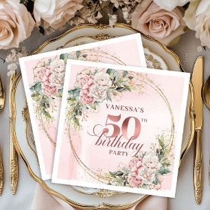 Feminine Rose Gold Floral 50th Birthday Party Nap  Napkin