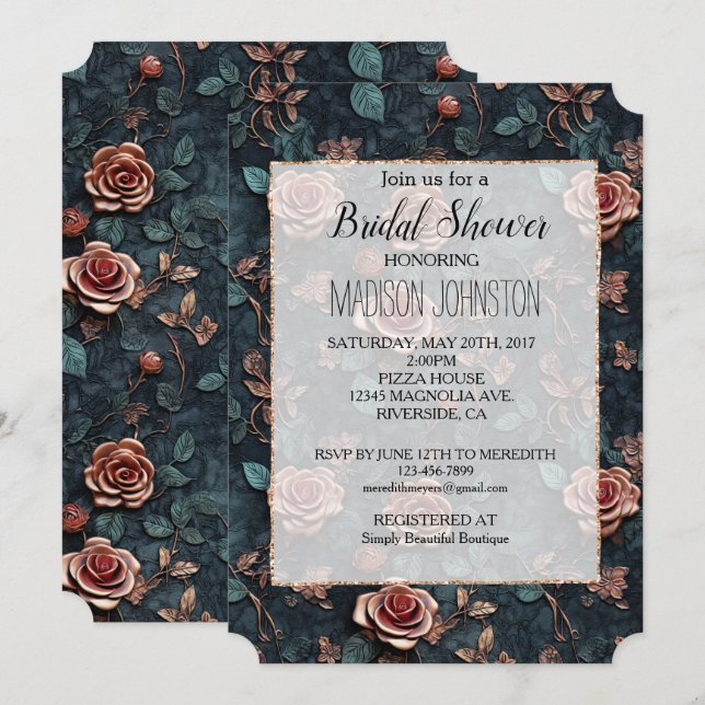 Feminine Rose Gold Roses  Invitation (Front/Back)