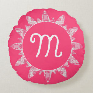 Feminine Rose Pink White Sunray Monogram Round Cushion