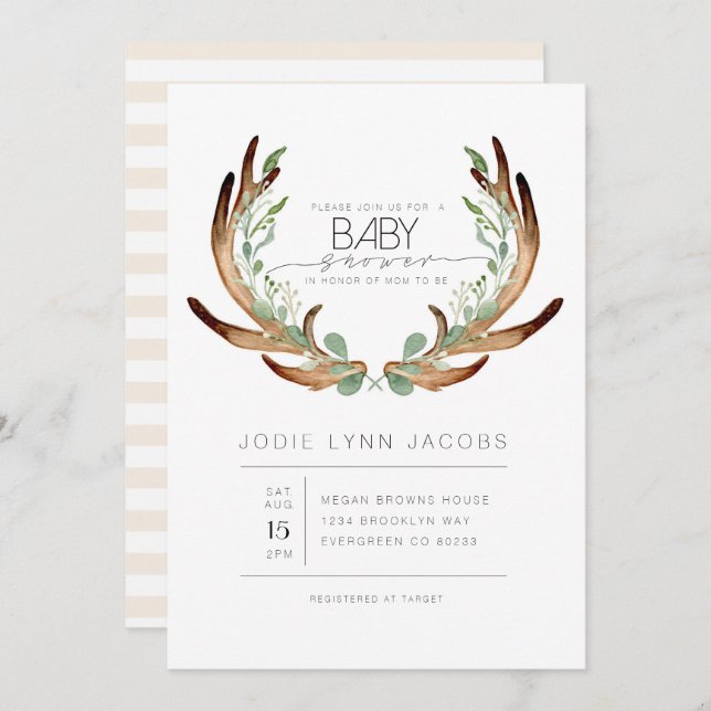 Feminine Rustic Antlers | Watercolor Baby Shower Invitation (Front/Back)