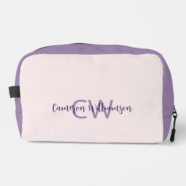 Feminine Script Name & Initials Solid Blush Violet Dopp Kit (Front)