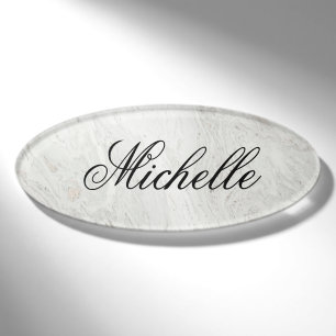 Feminine script White Marble driftwood wood grain Name Tag