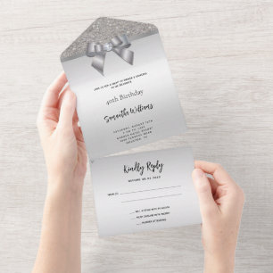 Feminine Silver Gem Bow & Glitter Birthday All In One Invitation