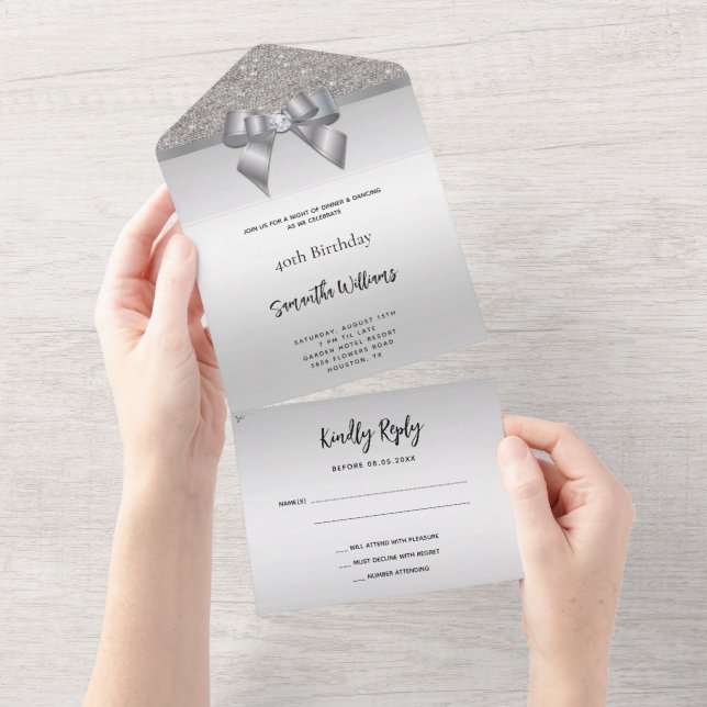 Feminine Silver Gem Bow & Glitter Birthday All In One Invitation (Tearaway)