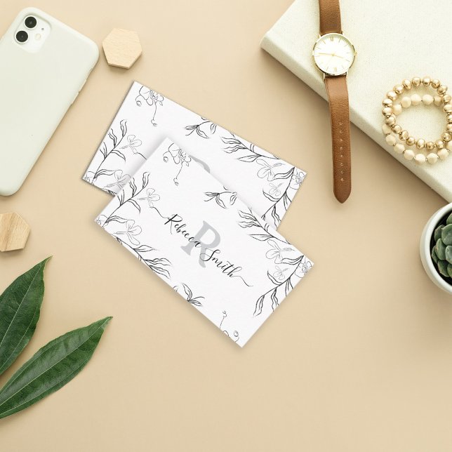 Feminine Sketch Grey Floral QR Code  Business Card (Creator Uploaded)