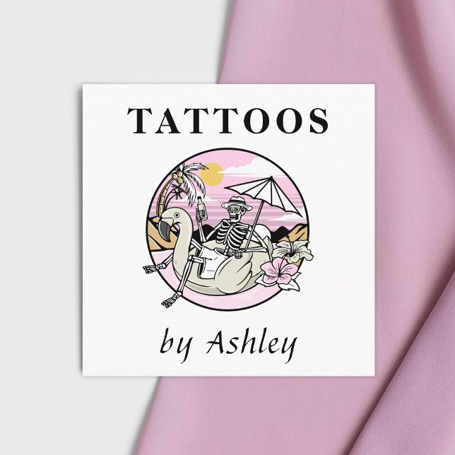 Feminine Skull Illustration Tattoo Artist Summer  Square Business Card (Creator Uploaded)