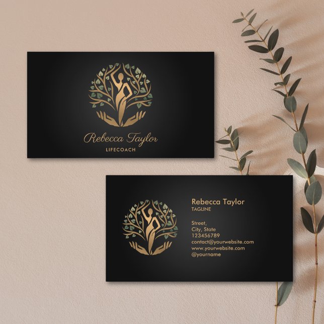 feminine spiritual woman life coach tree of life business card (gold tree of life with a woman's silhouette)