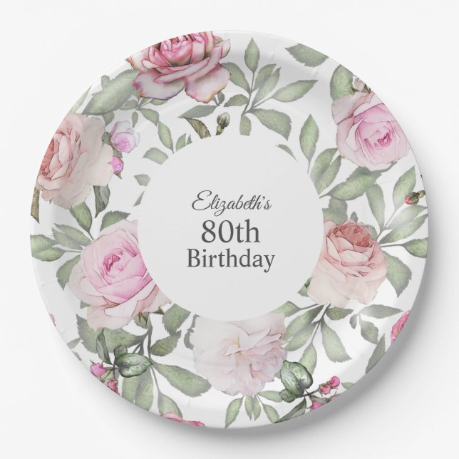 Feminine Summer Rose Garden Floral 80th Birthday Paper Plate (Front)