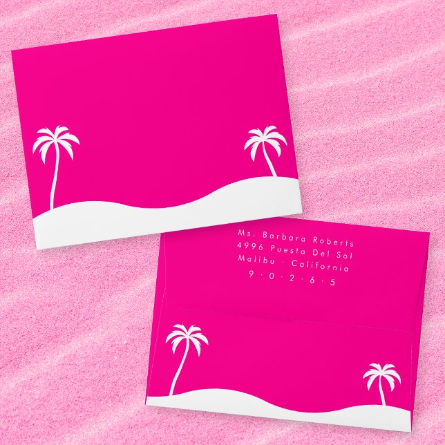 Feminine Tropical Beach Hot Pink Palm Trees RSVP Envelope (Mockup of front and back of envelope.)