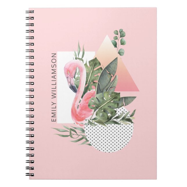 Feminine Tropical Pink Flamingo with Name Notebook (Front)