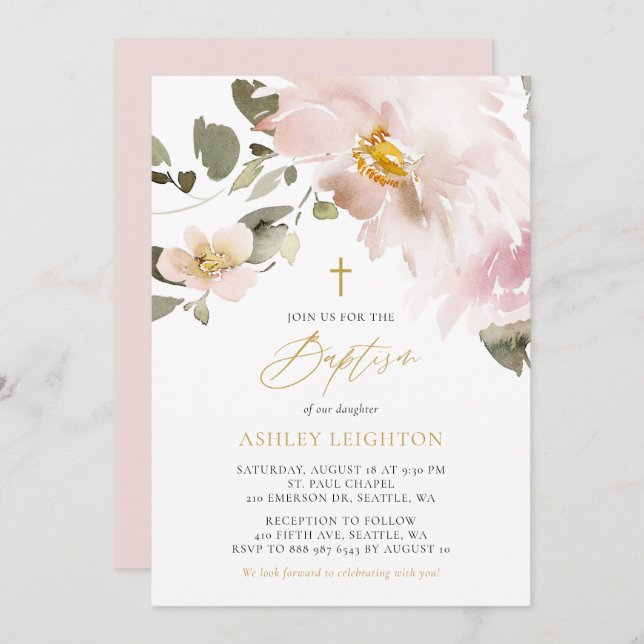 Feminine Watercolor Blush Flowers Girl Baptism Invitation (Front/Back)