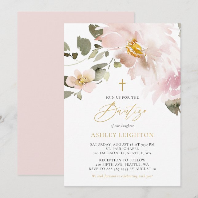 Feminine Watercolor Blush Flowers Girl Bautizo Invitation (Front/Back)