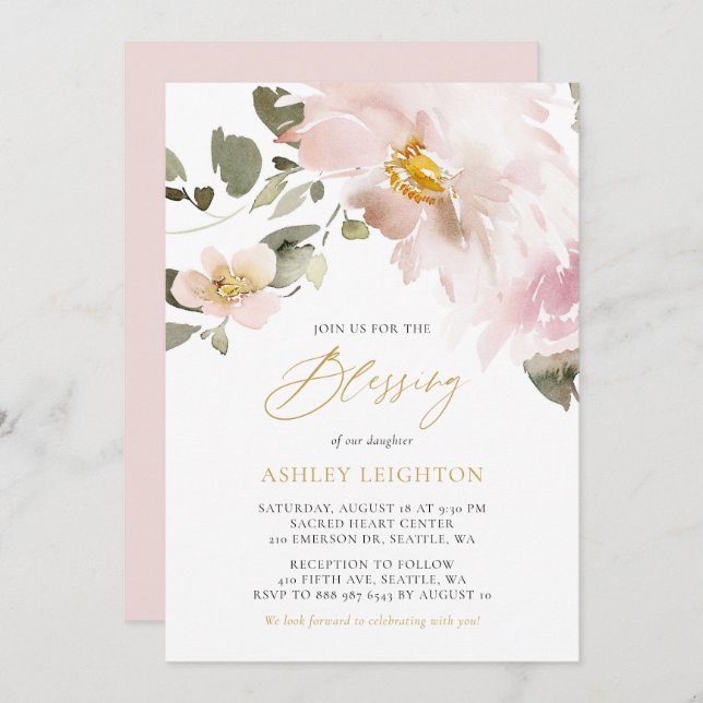 Feminine Watercolor Blush Flowers Girl Blessing Invitation (Front/Back)