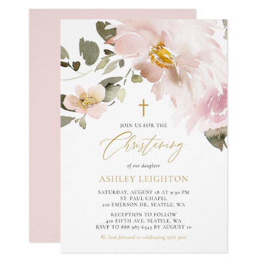 Feminine Watercolor Blush Flowers Girl Christening Invitation