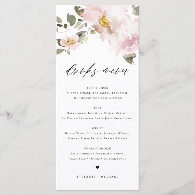 Feminine Watercolor Blush Flowers Wedding Drinks Menu (Front)