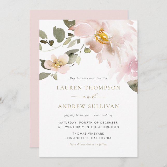 Feminine Watercolor Blush Flowers Wedding Invitation (Front/Back)